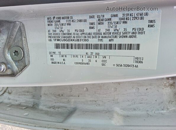 1FMCU9GDXKUB31393 2019 FORD ESCAPE White Вид наклейки з VIN-кодом