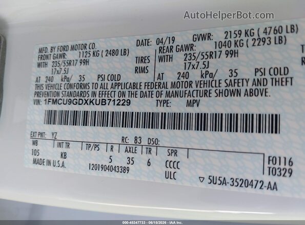 1FMCU9GDXKUB71229 2019 FORD ESCAPE White Շարժիչի բաժամունքի տեսք