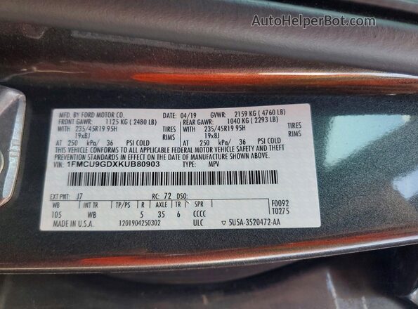1FMCU9GDXKUB80903 2019 FORD ESCAPE Gray 360 interior view