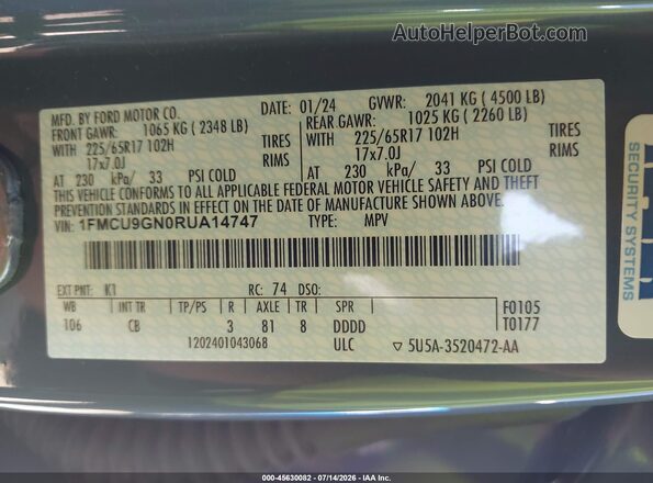 1FMCU9GN0RUA14747 2024 FORD ESCAPE Light Blue Vista del compartimento del motor