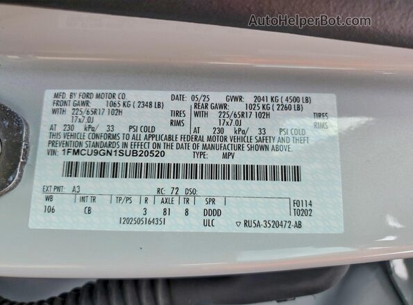 1FMCU9GN1SUB20520 2025 FORD ESCAPE Turquoise Вид наклейки з VIN-кодом