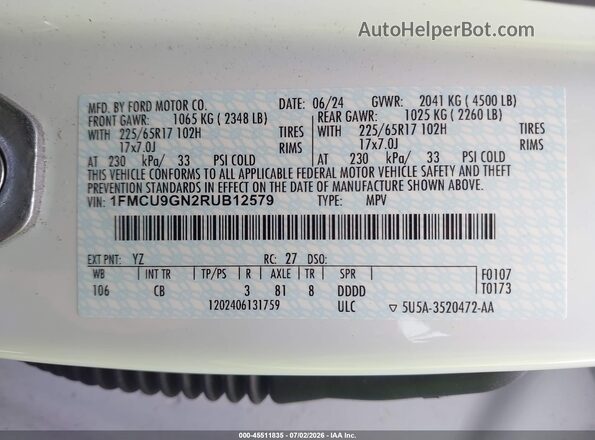 1FMCU9GN2RUB12579 2024 FORD ESCAPE White ძრავის განყოფილების ხედი