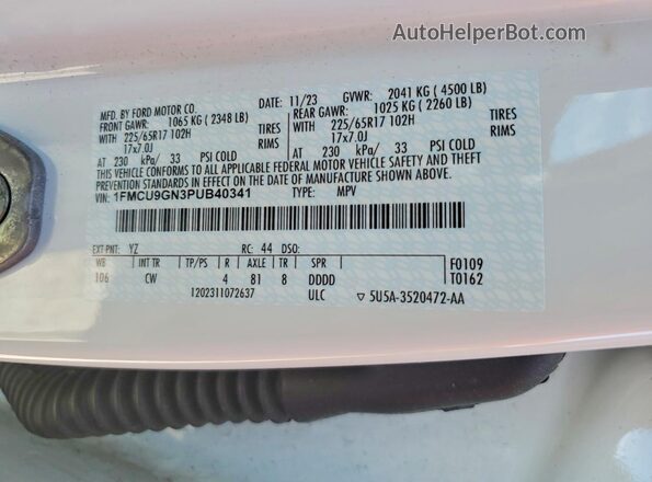1FMCU9GN3PUB40341 2023 FORD ESCAPE White Widok naklejki z numerem VIN