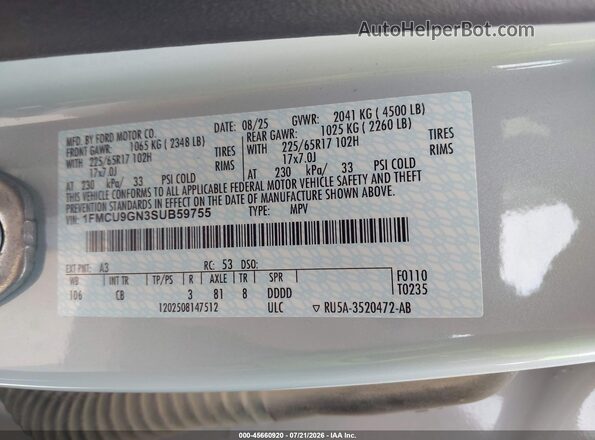 1FMCU9GN3SUB59755 2025 FORD ESCAPE Gray Widok komory silnika