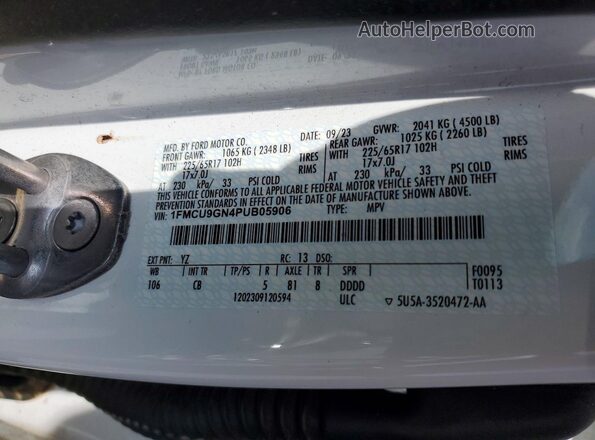 1FMCU9GN4PUB05906 2023 FORD ESCAPE White Vista interior de 360 grados
