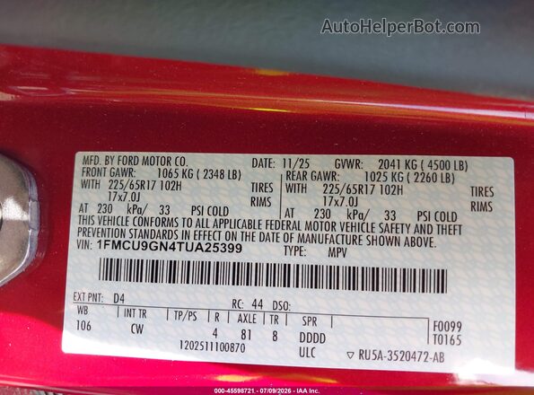 1FMCU9GN4TUA25399 2026 FORD ESCAPE Красный Вид подкапотного пространства