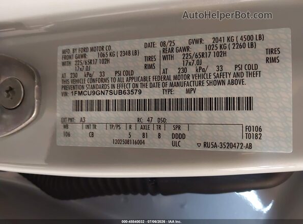 1FMCU9GN7SUB63579 2025 FORD ESCAPE White Widok komory silnika
