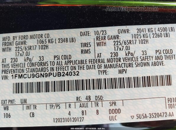 1FMCU9GN9PUB24032 2023 FORD ESCAPE Black Շարժիչի բաժամունքի տեսք