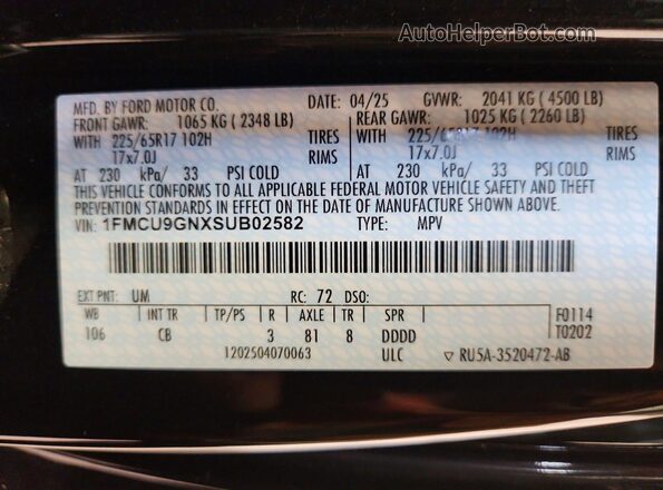 1FMCU9GNXSUB02582 2025 FORD ESCAPE Black 360 interior view