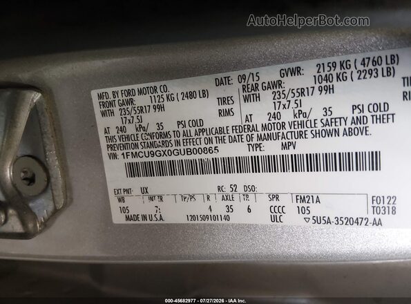 1FMCU9GX0GUB00865 2016 FORD ESCAPE Silver Вид підкапотного простору