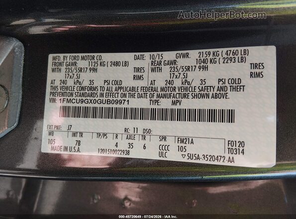 1FMCU9GX0GUB09971 2016 FORD ESCAPE Gray Vista del compartimento del motor