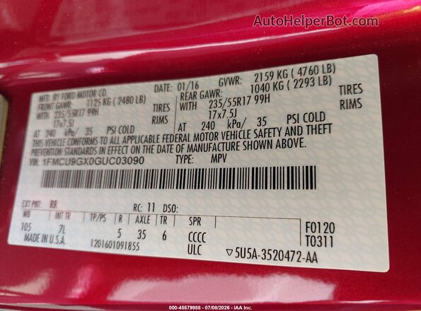 1FMCU9GX0GUC03090 2016 FORD ESCAPE Red Widok komory silnika