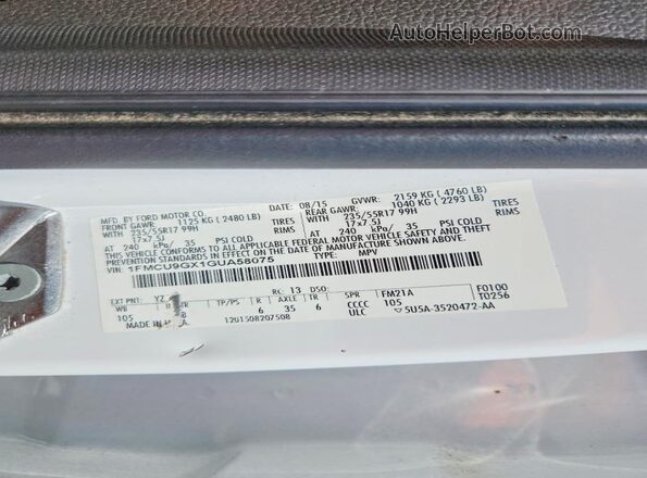 1FMCU9GX1GUA58075 2016 FORD ESCAPE White სალონის 360-გრადუსიანი ხედი