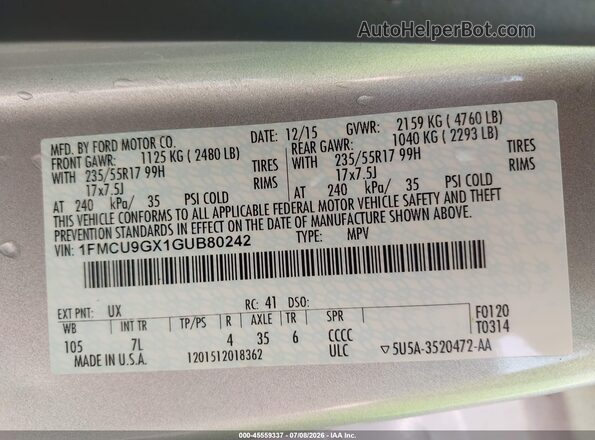 1FMCU9GX1GUB80242 2016 FORD ESCAPE Silver Widok komory silnika