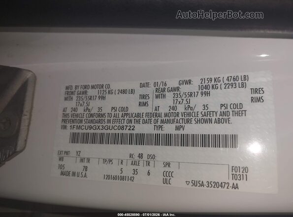 1FMCU9GX3GUC08722 2016 FORD ESCAPE White Widok komory silnika