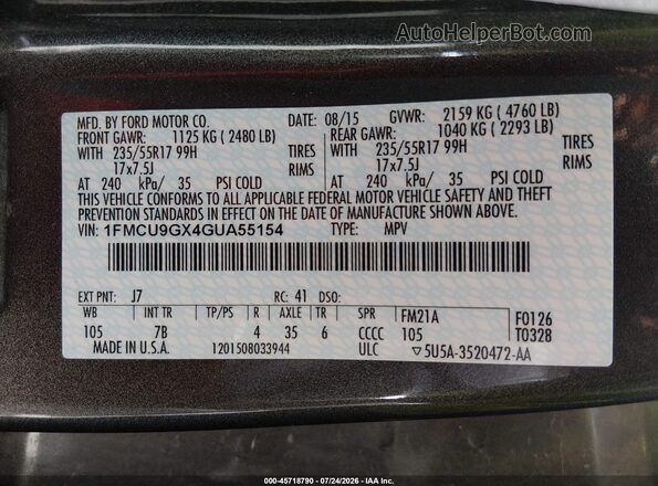 1FMCU9GX4GUA55154 2016 FORD ESCAPE Gray Vista del compartimento del motor