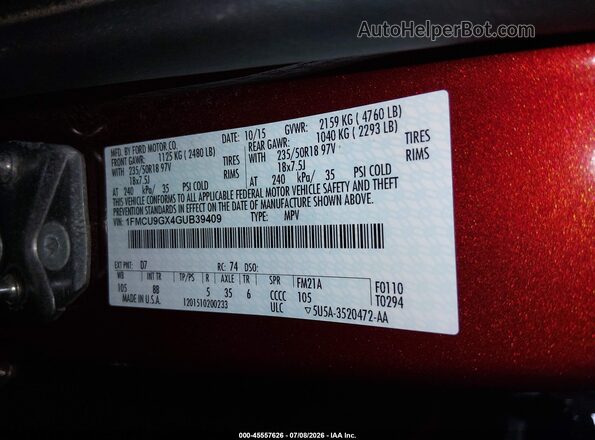 1FMCU9GX4GUB39409 2016 FORD ESCAPE Maroon Engine compartment view