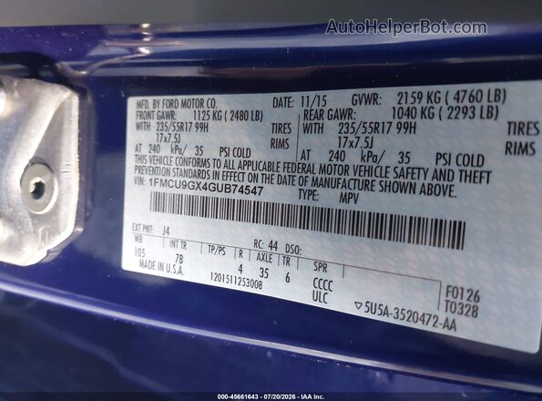 1FMCU9GX4GUB74547 2016 FORD ESCAPE Blue Vista del compartimento del motor