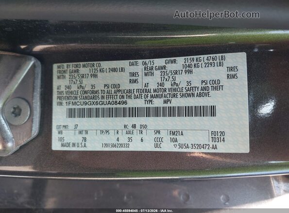 1FMCU9GX6GUA08496 2016 FORD ESCAPE Серый Вид подкапотного пространства
