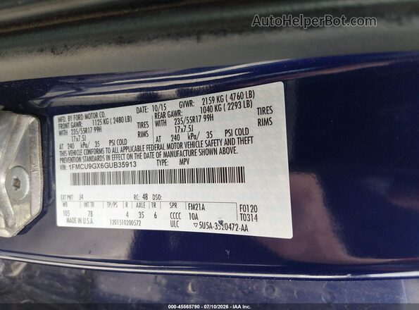 1FMCU9GX6GUB35913 2016 FORD ESCAPE Blue Widok komory silnika