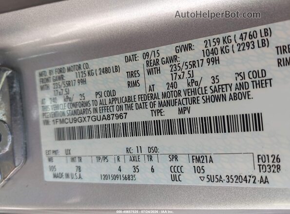 1FMCU9GX7GUA87967 2016 FORD ESCAPE Silver ძრავის განყოფილების ხედი