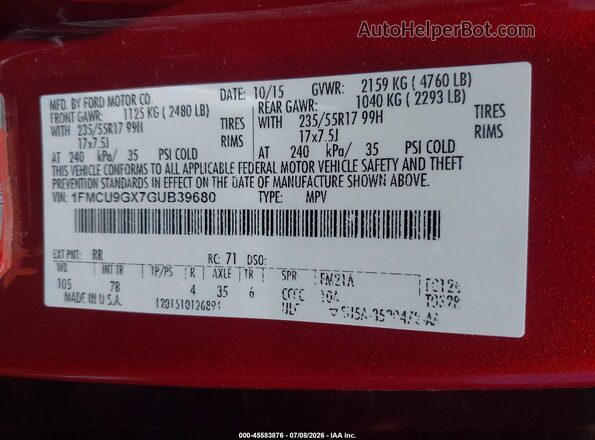 1FMCU9GX7GUB39680 2016 FORD ESCAPE Красный Вид подкапотного пространства