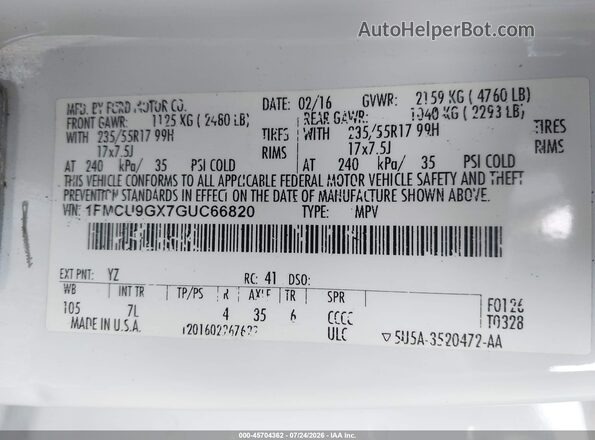 1FMCU9GX7GUC66820 2016 FORD ESCAPE White Widok komory silnika