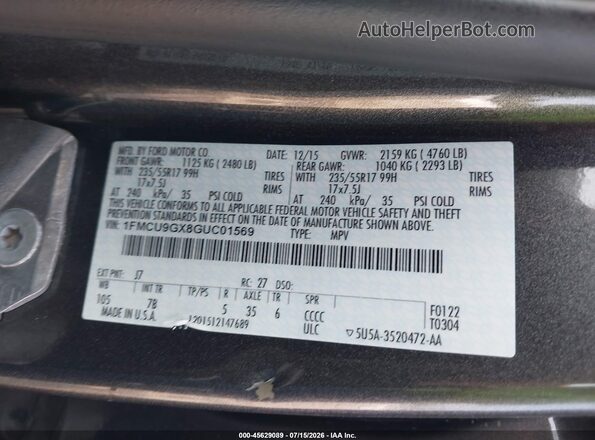 1FMCU9GX8GUC01569 2016 FORD ESCAPE Gray Вид підкапотного простору