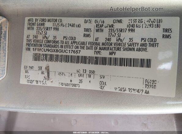1FMCU9GX8GUC17657 2016 FORD ESCAPE Silver Vista del compartimento del motor