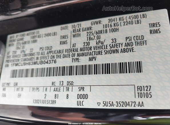1FMCU9H63MUB04376 2021 FORD ESCAPE Черный Вид подкапотного пространства