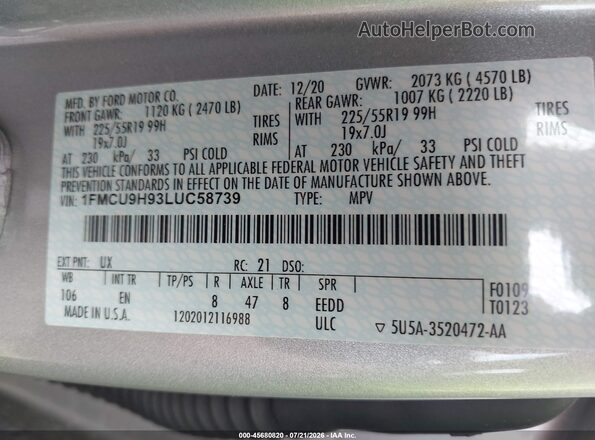 1FMCU9H93LUC58739 2020 FORD ESCAPE Серебряный Вид подкапотного пространства