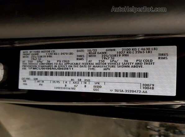 1FMCU9H96NUB60811 2022 FORD ESCAPE Black VIN կոդի պիտակի տեսք