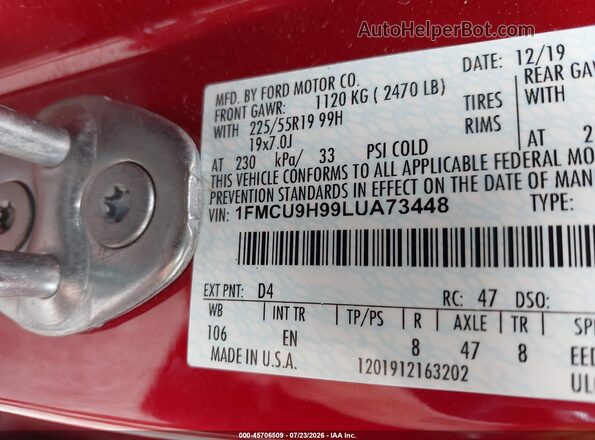 1FMCU9H99LUA73448 2020 FORD ESCAPE Red Vista del compartimento del motor