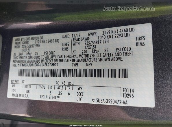 1FMCU9HD0JUB23591 2018 FORD ESCAPE Gray Engine compartment view