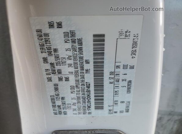 1FMCU9HD0KUB14827 2019 FORD ESCAPE White VIN կոդի պիտակի տեսք