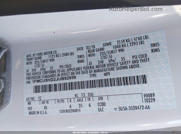 1FMCU9HD2JUB92959 2018 FORD ESCAPE White Widok komory silnika