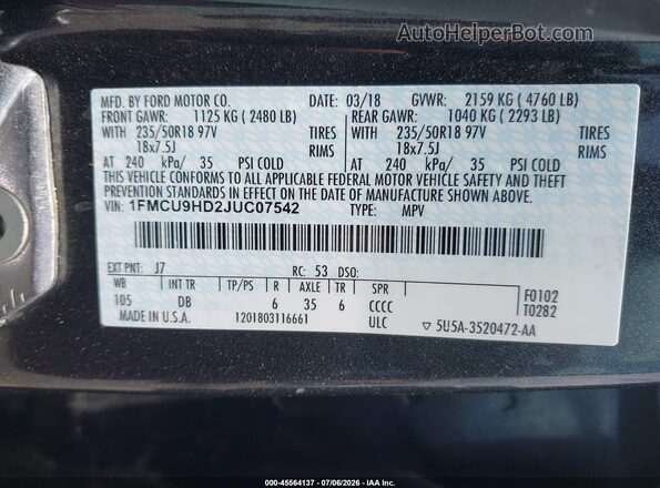 1FMCU9HD2JUC07542 2018 FORD ESCAPE Gray ძრავის განყოფილების ხედი
