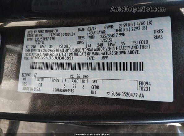 1FMCU9HD3JUB83851 2018 FORD ESCAPE Серый Вид подкапотного пространства