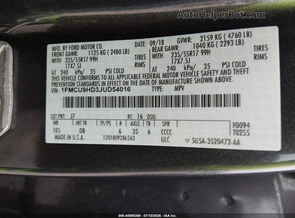 1FMCU9HD3JUD54016 2018 FORD ESCAPE Gray Vista del compartimento del motor
