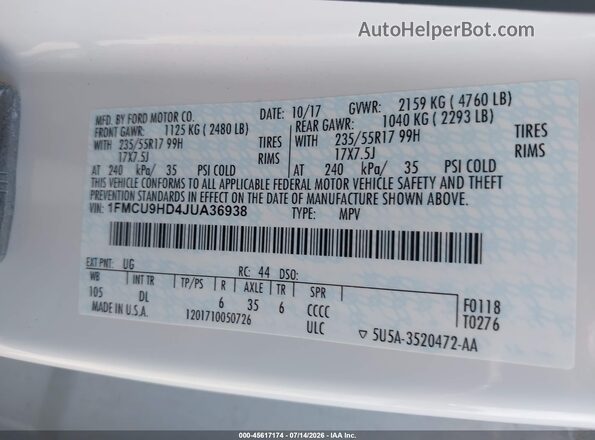 1FMCU9HD4JUA36938 2018 FORD ESCAPE White Շարժիչի բաժամունքի տեսք