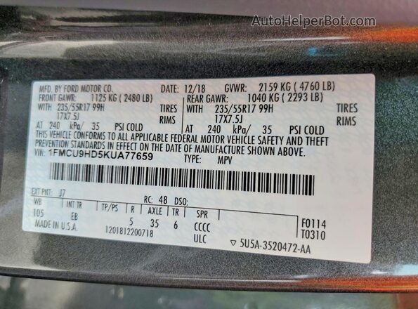 1FMCU9HD5KUA77659 2019 FORD ESCAPE Gray 360 interior view