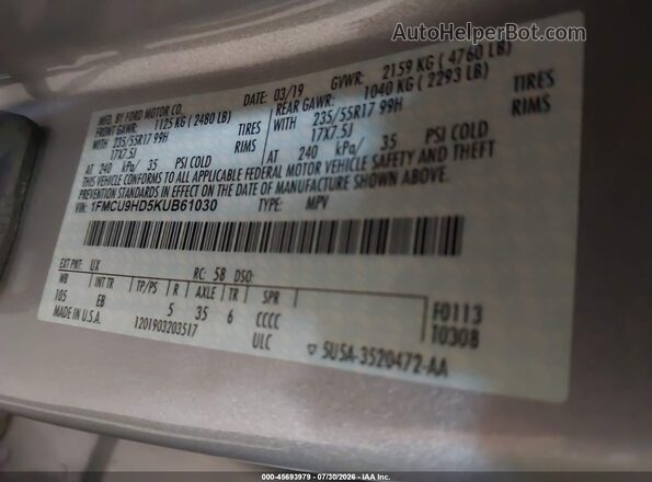 1FMCU9HD5KUB61030 2019 FORD ESCAPE White Widok komory silnika