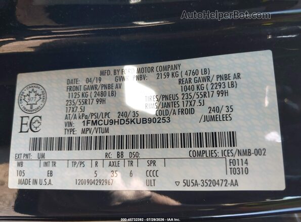 1FMCU9HD5KUB90253 2019 FORD ESCAPE Black Widok komory silnika