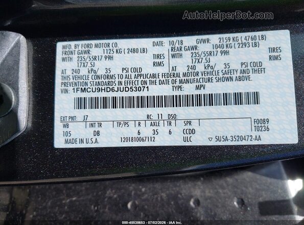 1FMCU9HD6JUD53071 2018 FORD ESCAPE Серый Вид подкапотного пространства