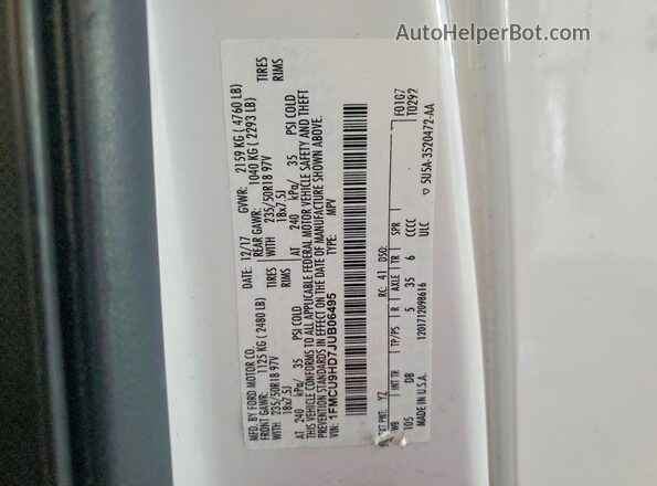 1FMCU9HD7JUB06495 2018 FORD ESCAPE White Widok naklejki z numerem VIN