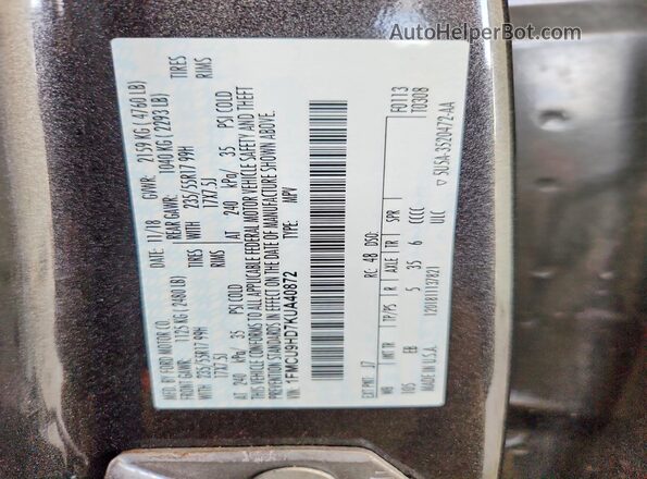 1FMCU9HD7KUA40872 2019 FORD ESCAPE Gray VIN კოდის სტიკერის ხედი
