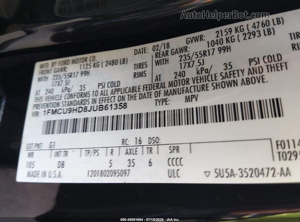 1FMCU9HD8JUB61358 2018 FORD ESCAPE Black Vista del compartimento del motor