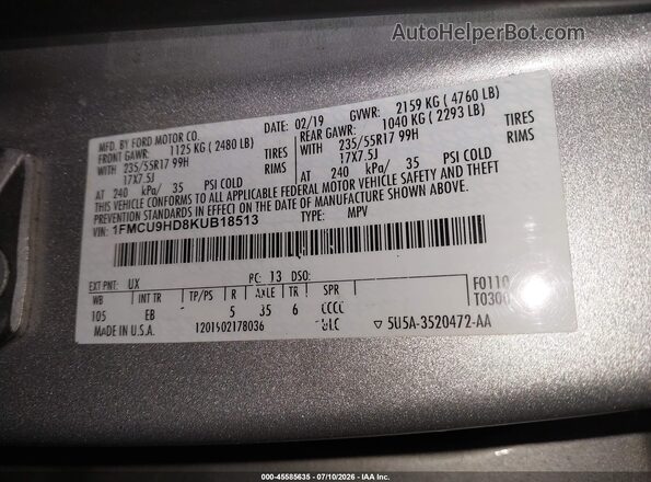 1FMCU9HD8KUB18513 2019 FORD ESCAPE Silver Vista del compartimento del motor