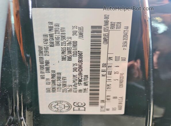 1FMCU9HD8KUB38907 2019 FORD ESCAPE Black Vista de la etiqueta del VIN
