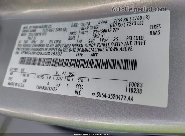 1FMCU9HD9JUD16337 2018 FORD ESCAPE Silver Engine compartment view